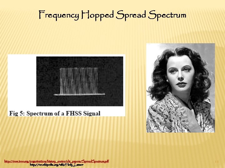 Frequency Hopped Spread Spectrum http: //www. ieee. org/organizations/history_center/cht_papers/Spread. Spectrum. pdf http: //en. wikipedia. org/wiki/Hedy_Lamarr