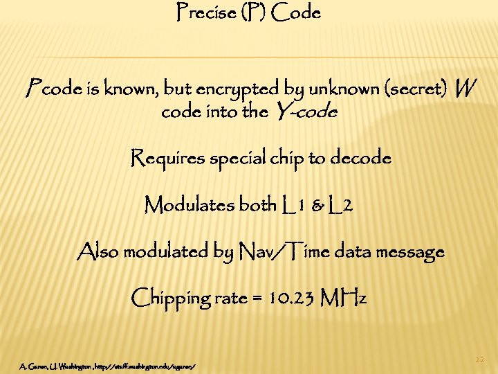 Precise (P) Code P code is known, but encrypted by unknown (secret) W code