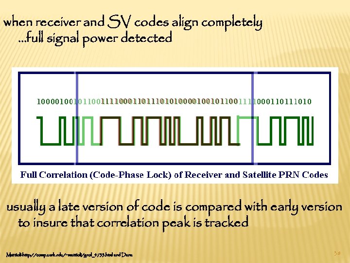 when receiver and SV codes align completely …full signal power detected usually a late