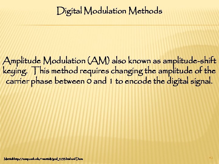 Digital Modulation Methods Amplitude Modulation (AM) also known as amplitude-shift keying. This method requires