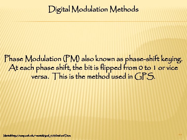 Digital Modulation Methods Phase Modulation (PM) also known as phase-shift keying. At each phase