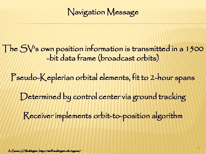 Navigation Message The SV’s own position information is transmitted in a 1500 -bit data