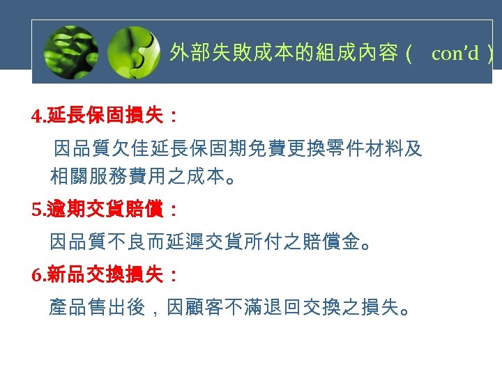 外部失敗成本的組成內容（ con’d） 4. 延長保固損失： 因品質欠佳延長保固期免費更換零件材料及 相關服務費用之成本。 5. 逾期交貨賠償： 因品質不良而延遲交貨所付之賠償金。 6. 新品交換損失： 產品售出後，因顧客不滿退回交換之損失。 