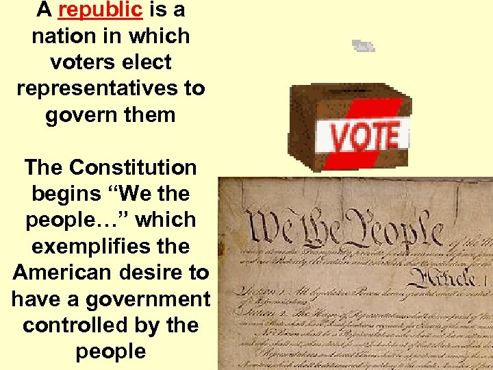 A republic is a nation in which voters elect representatives to govern them The