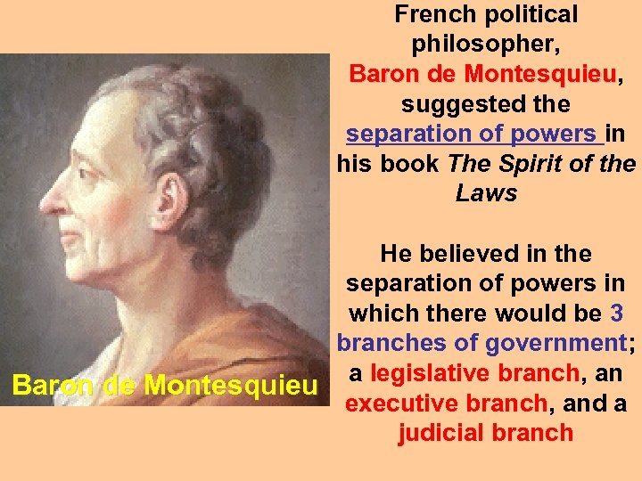 French political philosopher, Baron de Montesquieu suggested the separation of powers in his book
