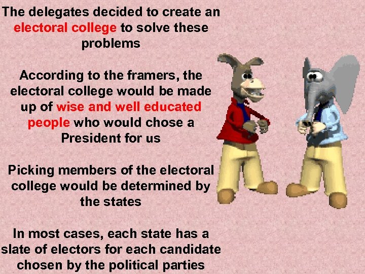 The delegates decided to create an electoral college to solve these problems According to