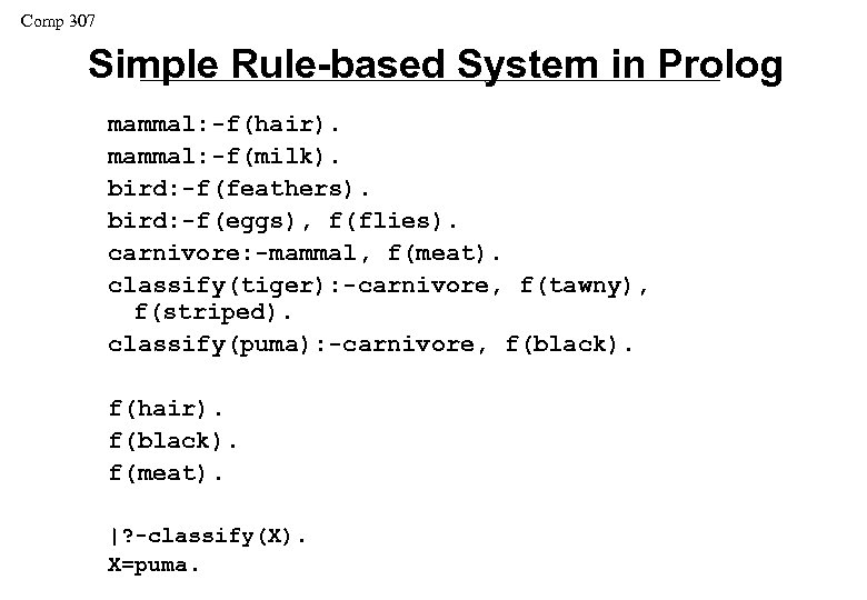 Comp 307 Simple Rule-based System in Prolog mammal: -f(hair). mammal: -f(milk). bird: -f(feathers). bird: