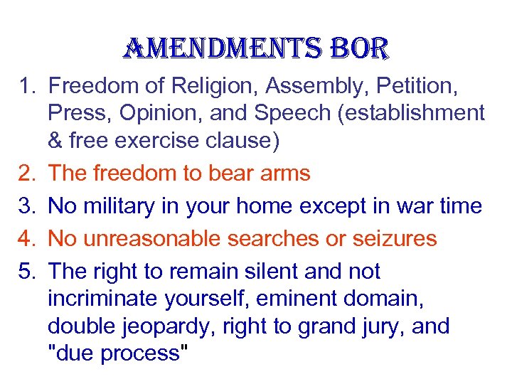 AMENDMENTS Bo. R 1. Freedom of Religion, Assembly, Petition, Press, Opinion, and Speech (establishment