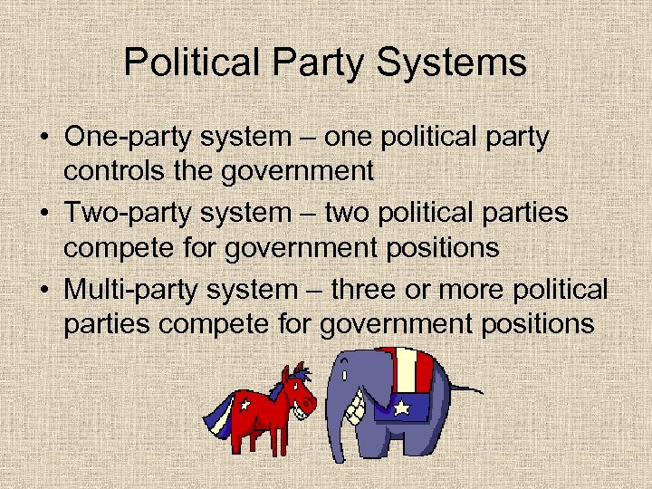 Political Party Systems • One-party system – one political party controls the government •