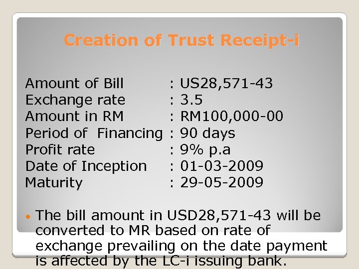 Creation of Trust Receipt-i Amount of Bill Exchange rate Amount in RM Period of