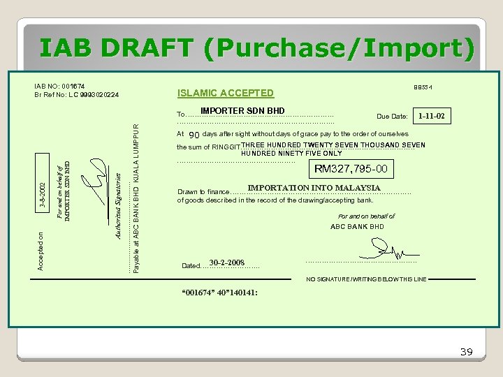 IAB DRAFT (Purchase/Import) BB 53 -1 Payable at ABC BANK BHD KUALA LUMPPUR ISLAMIC