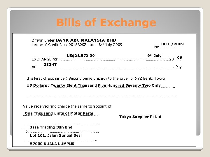 Bills of Exchange Drawn under BANK ABC MALAYSIA BHD Letter of Credit No :