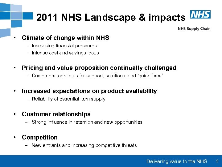 2011 NHS Landscape & impacts • Climate of change within NHS – Increasing financial