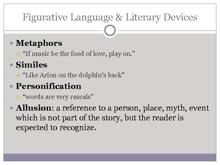 Figurative Language & Literary Devices Metaphors “If music be the food of love, play