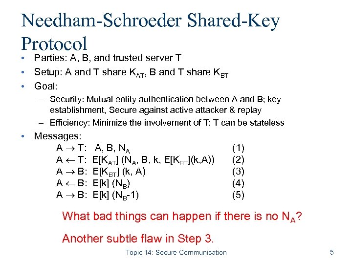 Needham-Schroeder Shared-Key Protocol • Parties: A, B, and trusted server T • Setup: A