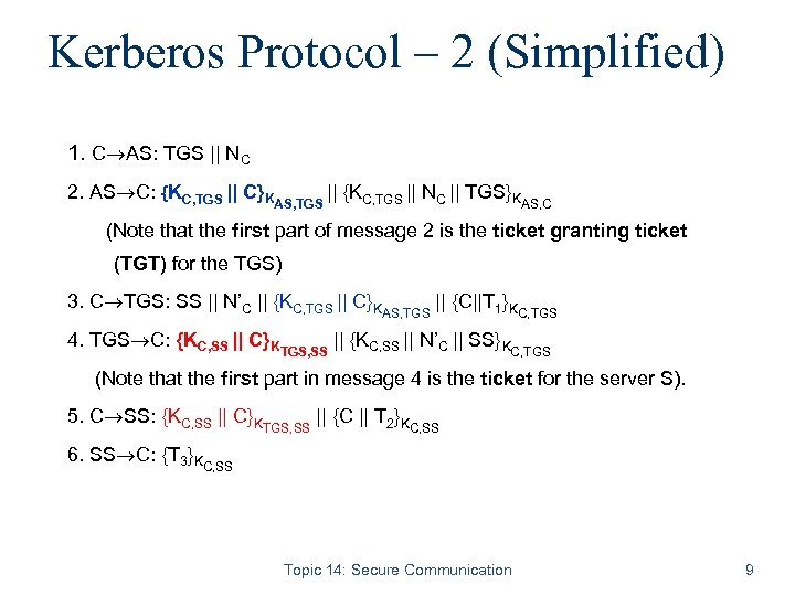 Kerberos Protocol – 2 (Simplified) 1. C AS: TGS || NC 2. AS C: