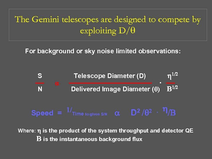 The Gemini telescopes are designed to compete by exploiting D/q For background or sky