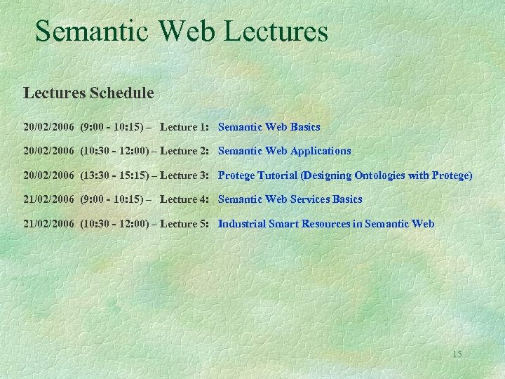 Semantic Web Lectures Schedule 20/02/2006 (9: 00 - 10: 15) – Lecture 1: Semantic