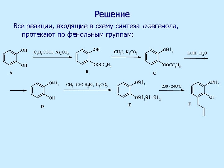 Решение Все реакции, входящие в схему синтеза о-эвгенола, протекают по фенольным группам: 