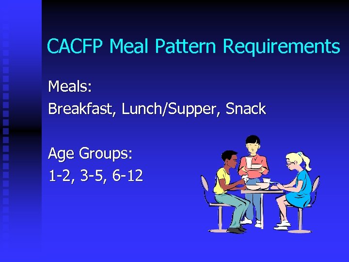 CACFP Meal Pattern Requirements Meals: Breakfast, Lunch/Supper, Snack Age Groups: 1 -2, 3 -5,