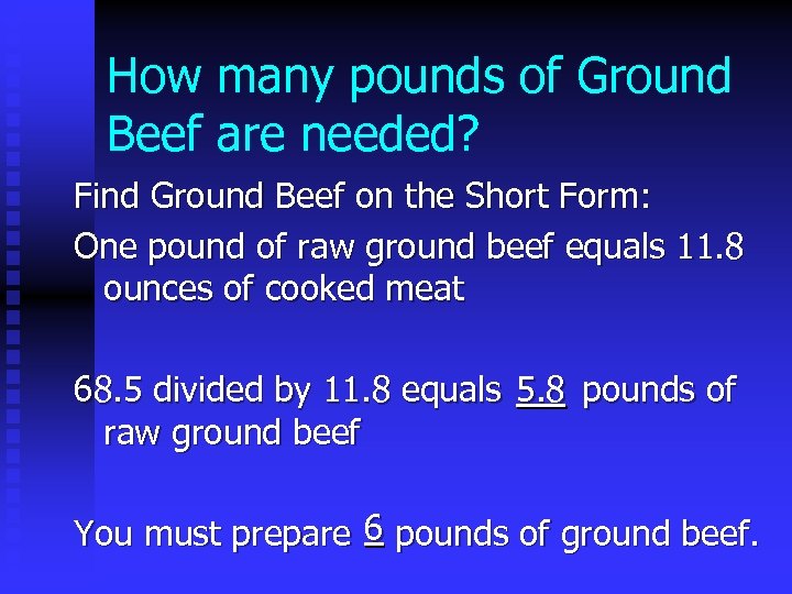 How many pounds of Ground Beef are needed? Find Ground Beef on the Short