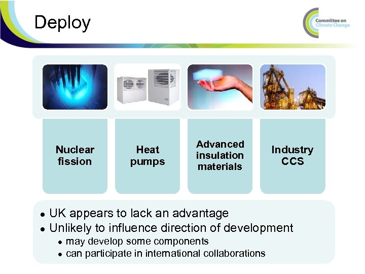 Deploy Nuclear fission ● ● Heat pumps Advanced insulation materials Industry CCS UK appears