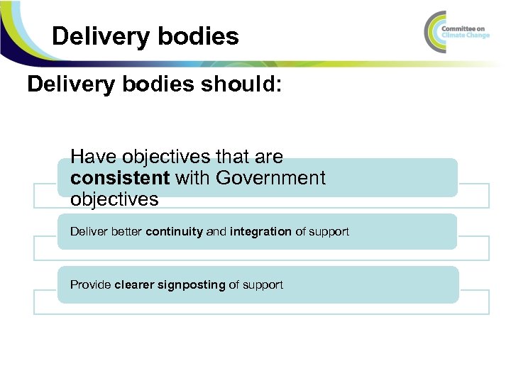 Delivery bodies should: Have objectives that are consistent with Government objectives Deliver better continuity