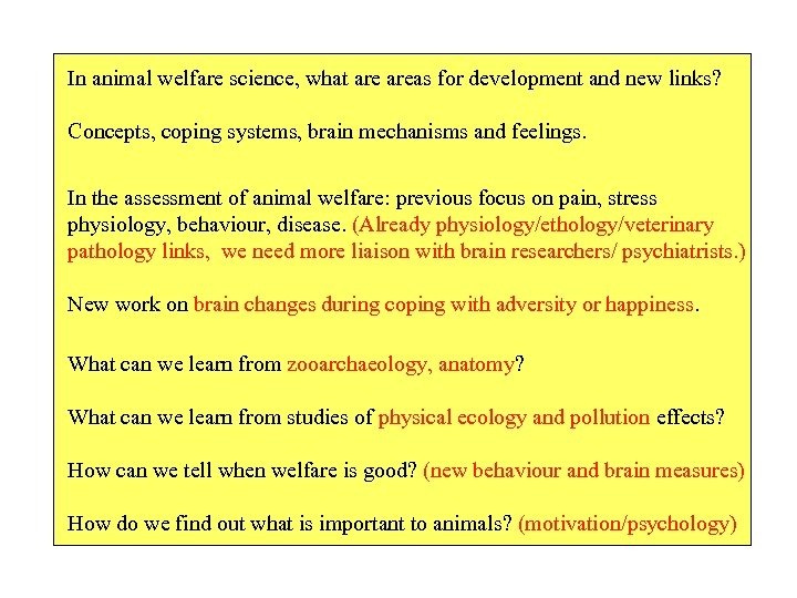 In animal welfare science, what areas for development and new links? Concepts, coping systems,