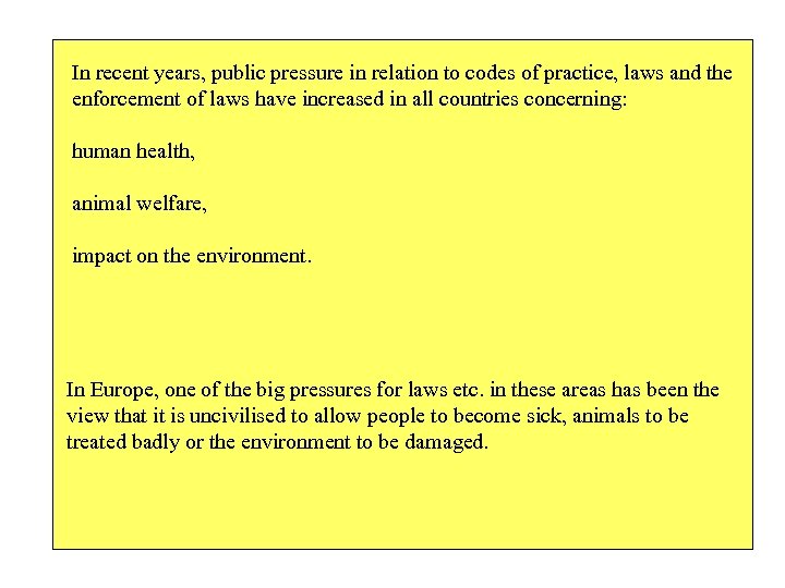 In recent years, public pressure in relation to codes of practice, laws and the