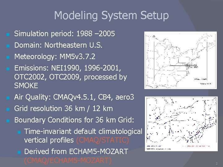 Modeling System Setup n n n n Simulation period: 1988 – 2005 Domain: Northeastern