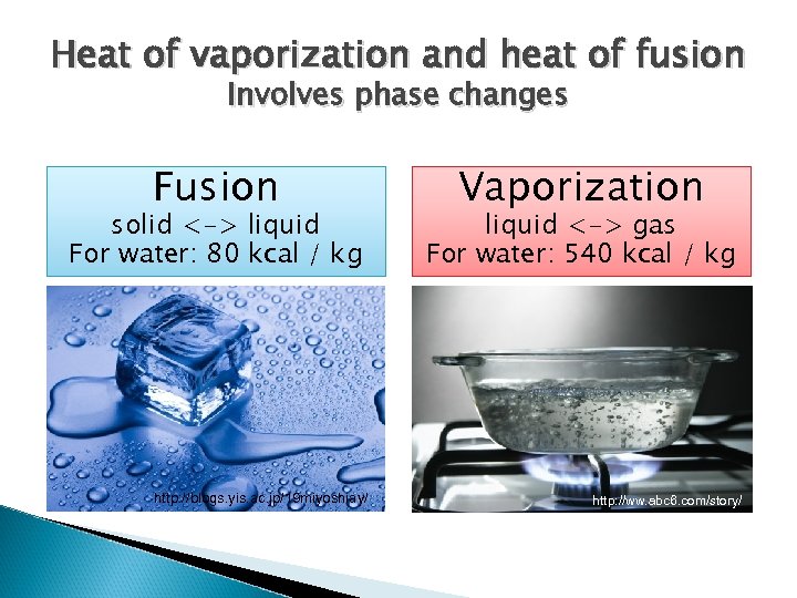 Heat of vaporization and heat of fusion Involves phase changes Fusion solid <-> liquid