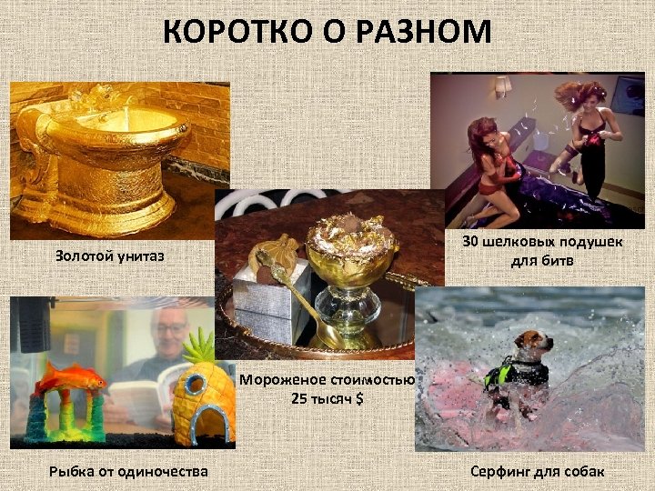 КОРОТКО О РАЗНОМ 30 шелковых подушек для битв Золотой унитаз Мороженое стоимостью 25 тысяч