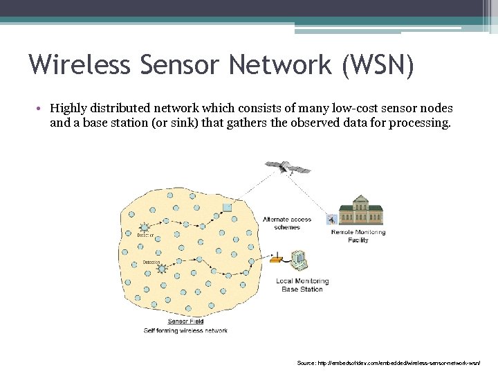 Wireless Sensor Network (WSN) • Highly distributed network which consists of many low-cost sensor