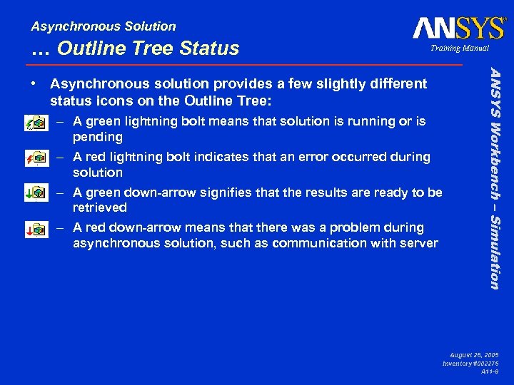 Asynchronous Solution … Outline Tree Status Training Manual – A green lightning bolt means