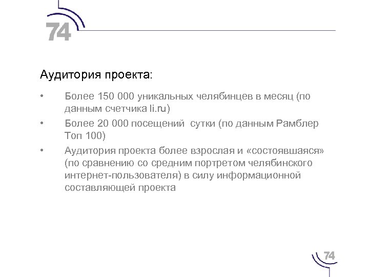 Аудитория проекта: • • • Более 150 000 уникальных челябинцев в месяц (по данным