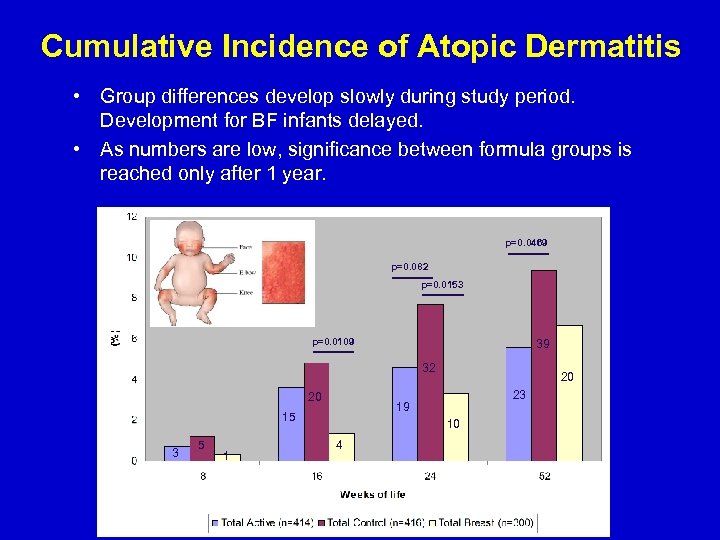 Cumulative Incidence of Atopic Dermatitis • Group differences develop slowly during study period. Development