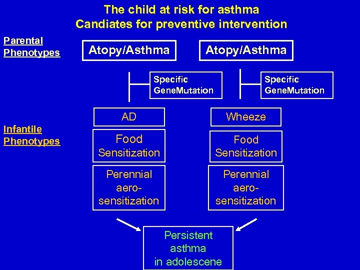 The child at risk for asthma Candiates for preventive intervention Parental Phenotypes Atopy/Asthma Specific