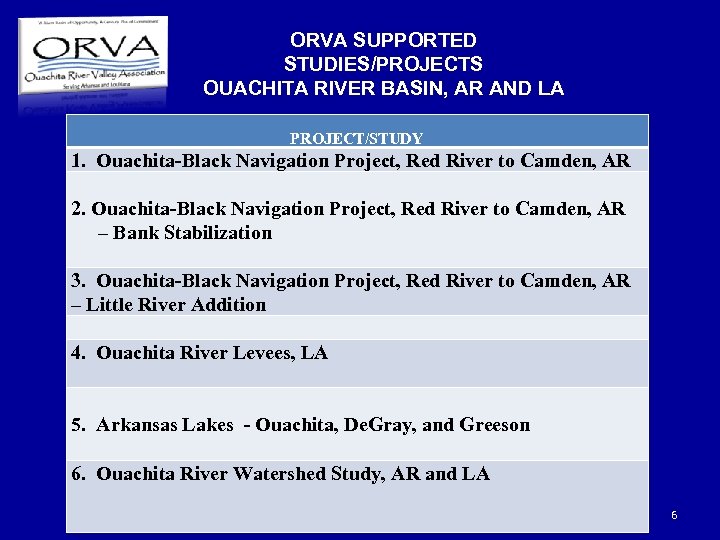 ORVA SUPPORTED STUDIES/PROJECTS OUACHITA RIVER BASIN, AR AND LA PROJECT/STUDY 1. Ouachita-Black Navigation Project,