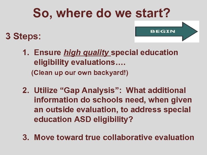 So, where do we start? 3 Steps: 1. Ensure high quality special education eligibility