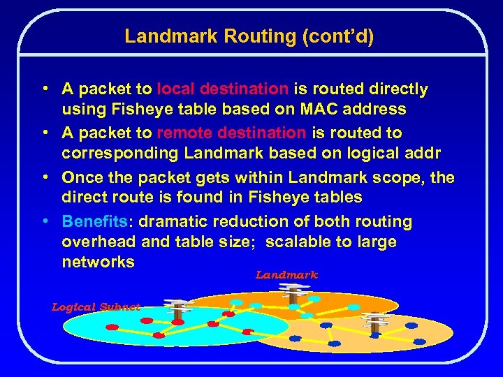 Landmark Routing (cont’d) • A packet to local destination is routed directly using Fisheye