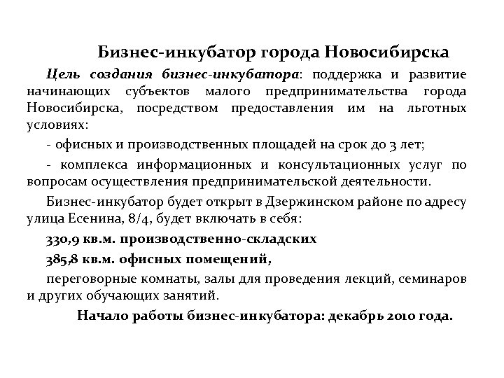 Бизнес-инкубатор города Новосибирска Цель создания бизнес-инкубатора: поддержка и развитие начинающих субъектов малого предпринимательства города