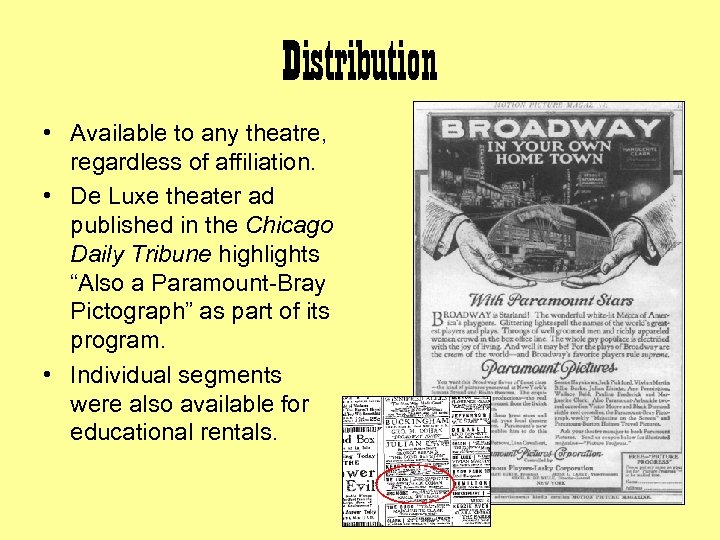 Distribution • Available to any theatre, regardless of affiliation. • De Luxe theater ad