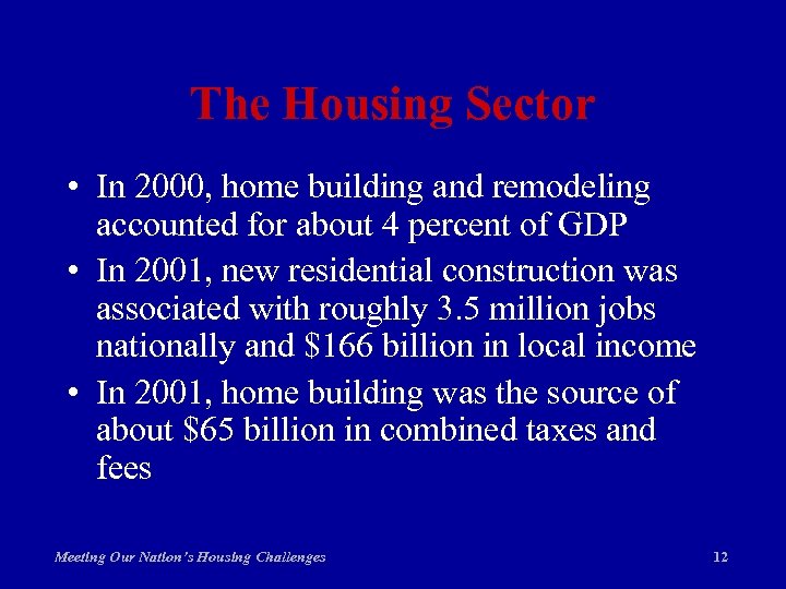 The Housing Sector • In 2000, home building and remodeling accounted for about 4