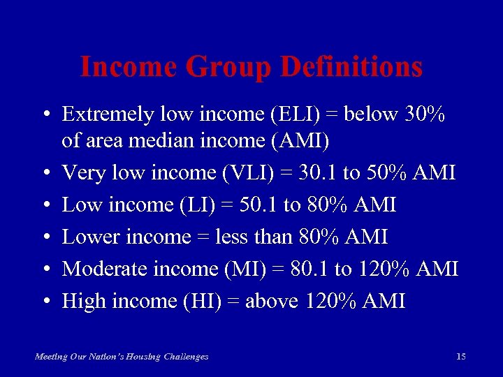 Income Group Definitions • Extremely low income (ELI) = below 30% of area median