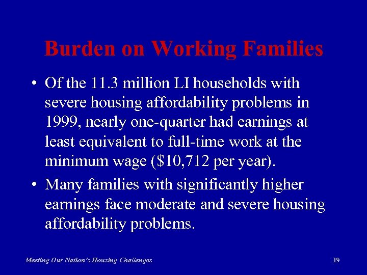 Burden on Working Families • Of the 11. 3 million LI households with severe