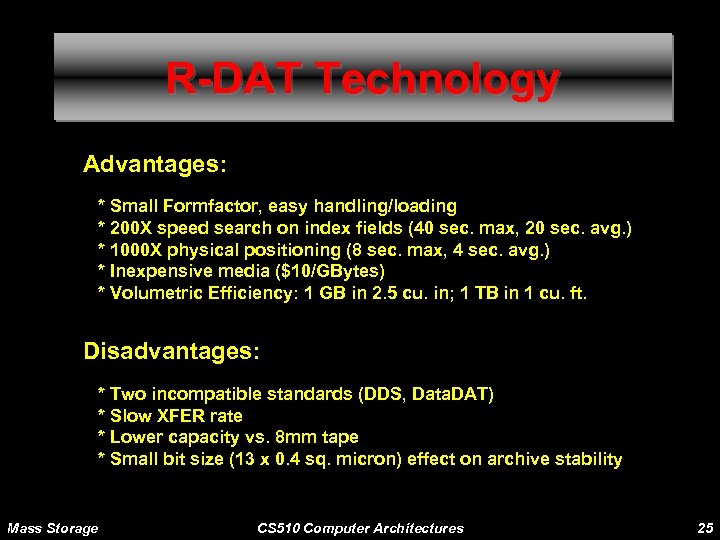 R-DAT Technology Advantages: * Small Formfactor, easy handling/loading * 200 X speed search on