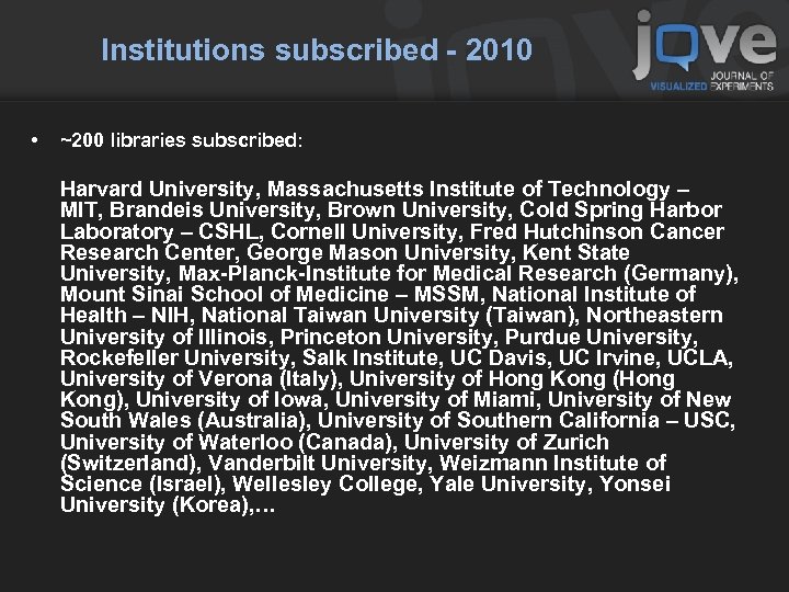 Institutions subscribed - 2010 • ~200 libraries subscribed: Harvard University, Massachusetts Institute of Technology