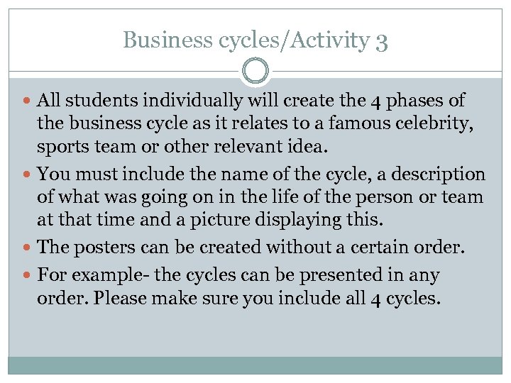 Business cycles/Activity 3 All students individually will create the 4 phases of the business