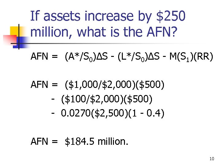 If assets increase by $250 million, what is the AFN? AFN = (A*/S 0)∆S