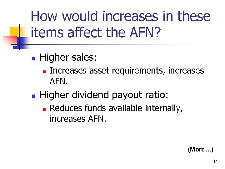 How would increases in these items affect the AFN? n Higher sales: n n